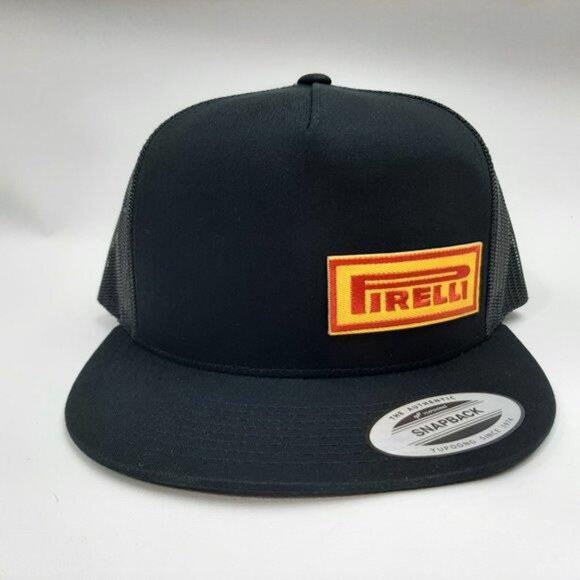 Retro Racing Pirelli Tires Flat Bill Snapback Trucker Cap Hat Embroidered Patch